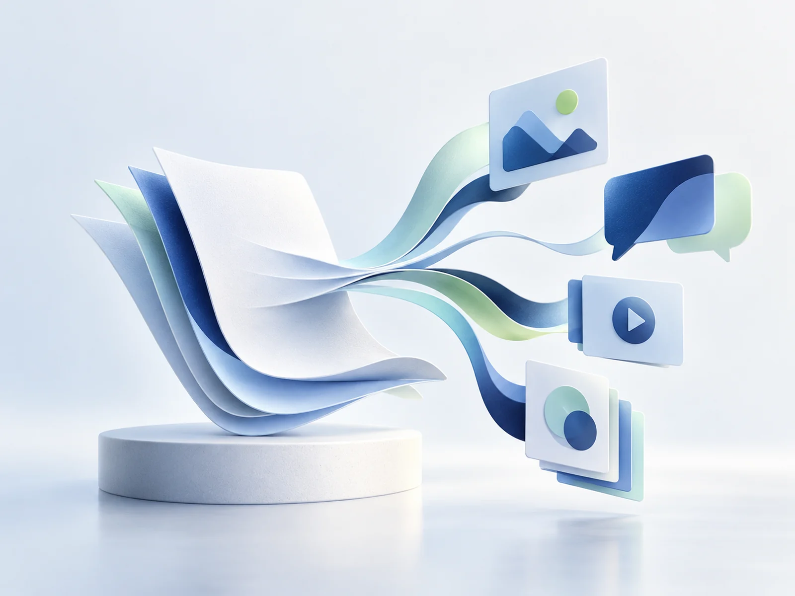 Abstract editorial forms showing one expert idea developed into content.