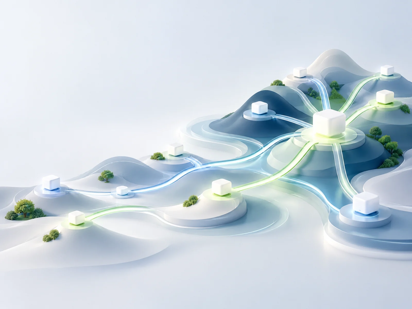 Abstract search pathways connecting content and discovery.